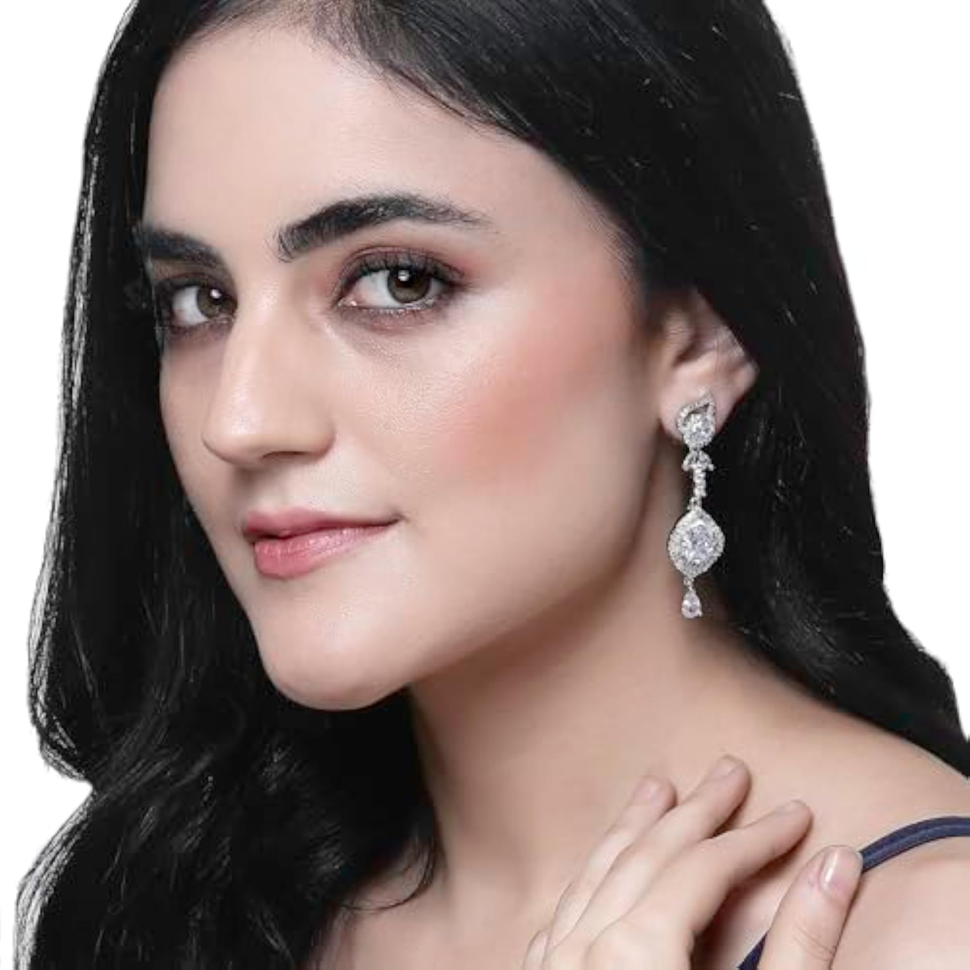Rhodium-Plated American Diamond Teardrop Drop Earrings